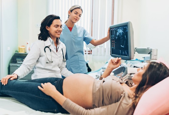 Female doctor and a pregnant woman during ultrasound exam in the hospital
