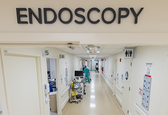 Hospital hallway with Endoscopy written above doorway