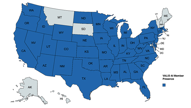 Map of the United States with most of states shaded blue