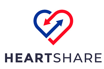 A grapic of a heart formed by red and blue lines with arrows and the words Heartshare at the bottom.
