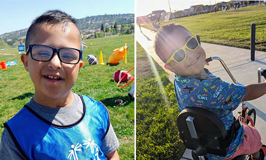 Pediatric Down syndrome patient Jorden, in two action photos.