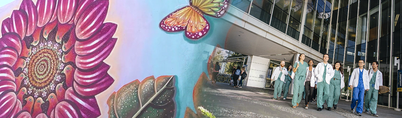 wall mural and students at UC Davis Health sacramento campus