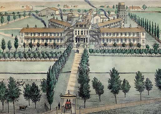 Artist’s rendition of new Sacramento County Hospital with five wings built on same site, 1879