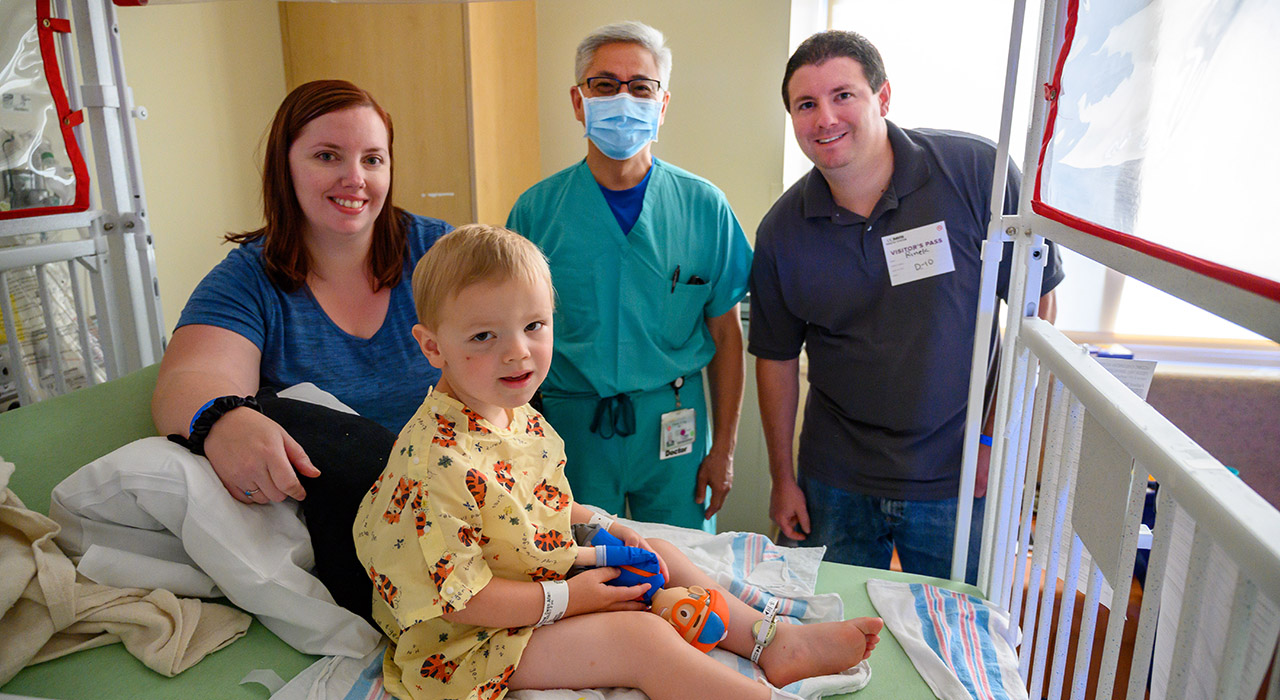 Pediatric cardiology patient Owen Rinek with his family and Dr. Ing