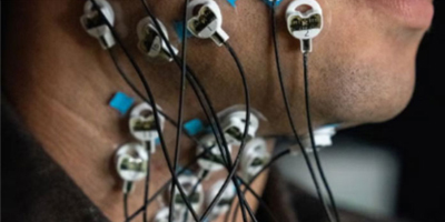 Sensors on a person's face and neck. (c) UC Davis Regents. All rights reserved.
