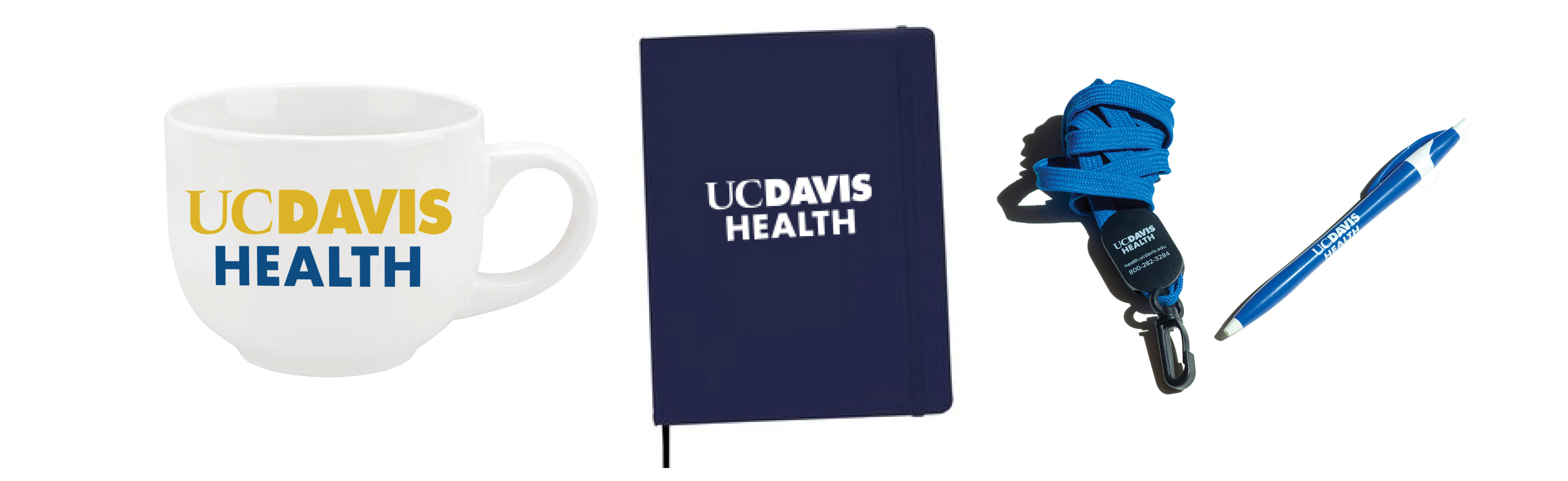UC Davis Health cup, notebook, pen, and lanyard