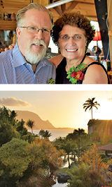 photo collage: top - Klint with husband Scott; bottom - photo of sunset in Hawaii