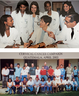 Photo collage: top - Loya with colleague and medical students; bottom - Loya with her cervical cancer campaign volunteers in Venezuela