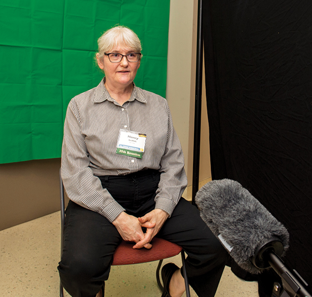 Nancy Griffiths (M.D., ’82) shares medical school memories at the reunion’s video booth. Attendees were encouraged to record their thoughts for an upcoming video celebrating the School of Medicine’s 50th anniversary.
