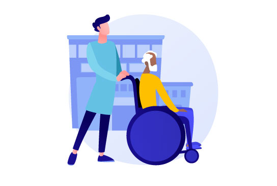 Graphic of man physician pushing man in wheelchair