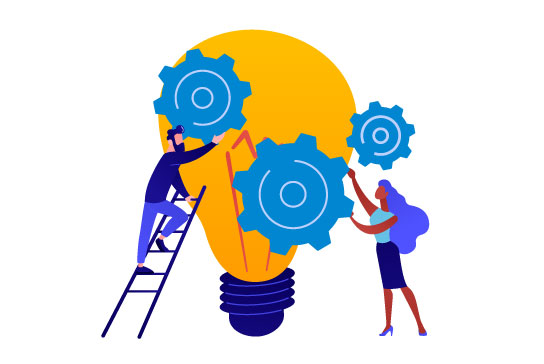 Graphic of two people sorting ideas with large lightbulb in background