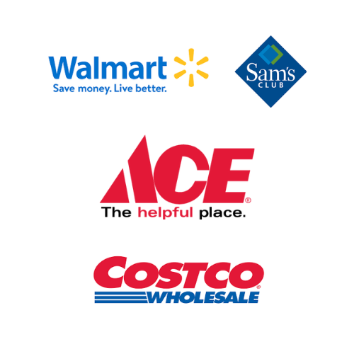Walmart and Sam's Club logo, ACE Hardware logo, and Costco logo