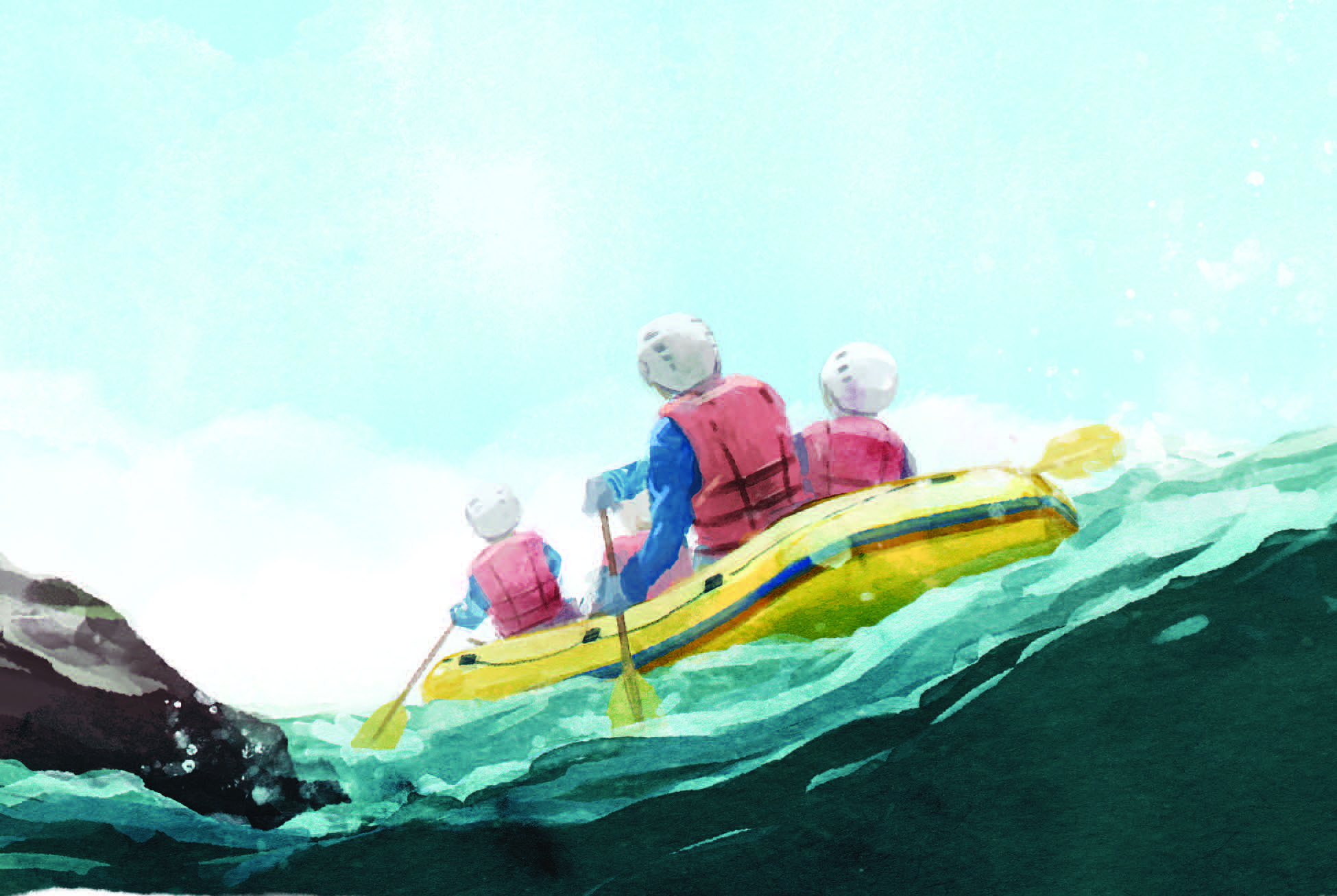 Drawing of 4 people on a raft in rough waters