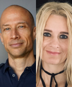 Side-by-side photos of a bald person wearing a dark blue polo and a person with long, blonde hair and a black top.