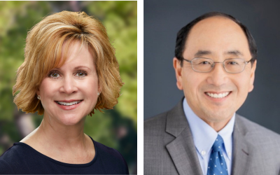 Two headshot portraits side by side. On the left, an individual with short, light-colored hair wearing a dark top, photographed outdoors with a blurred green background. On the right, an individual with short dark hair wearing glasses, a light blue shirt, tie, and gray suit jacket, photographed against a neutral studio background.
