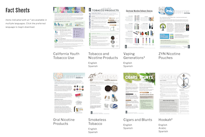 A image of the website containing factsheets on various nicotine and smokless products