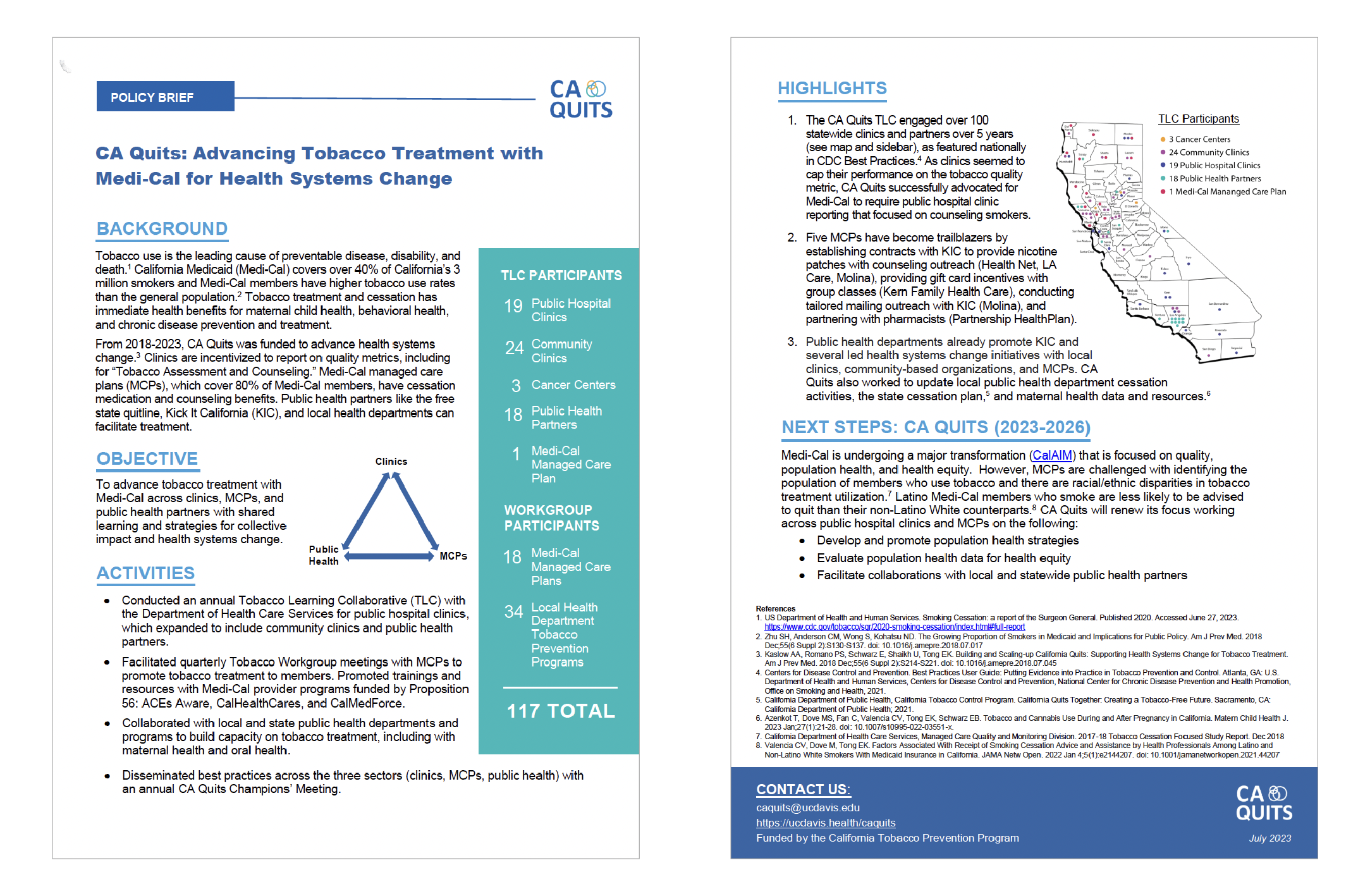 A side-by-side view of the CA Quits policy brief 2023