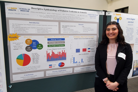 A woman with dark hair in dark dress coat smiles in front of her research poster. 