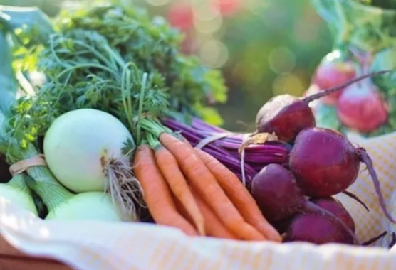 A close up of a basket filled with various vegtables.