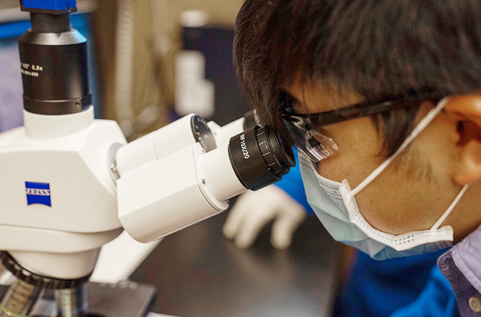 Researcher looking into microscope in a lab.