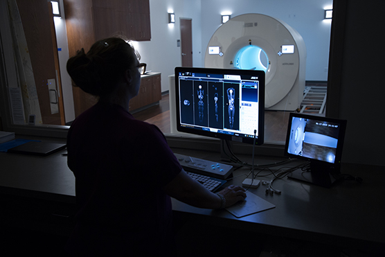 A provider reviewing scans on a computer with a PET scanner in the background