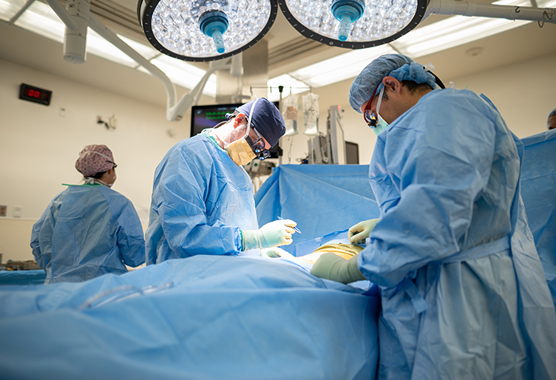 Two surgeons performing surgery on a patient in an operating room