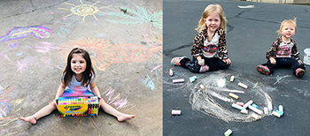 Avery Cunha, left, and Khaleesi and Harper Bruckenstein, enjoying chalk art while their moms enjoy them.