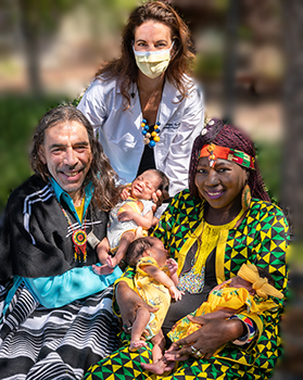 Awa Sangho, her husband Ernest Moreno and their triplets, with UC Davis maternal-fetal medicine physician Véronique Taché. 