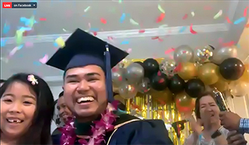 Alvin Leonardo, the physician assistant class-elected speaker, celebrates with his family during the virtual event.