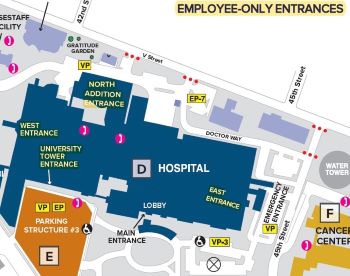 UC Davis Medical Center Employee-Only Entrances Map.