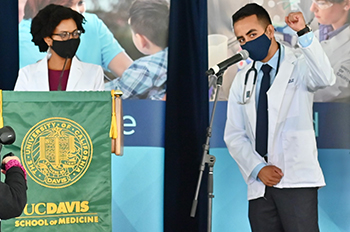 New medical student Alex Villegas at the 2021 induction ceremony thanks his parents for their support