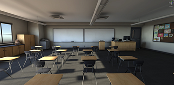 A computer-generated image of a classroom with desks, whiteboards and windows. 