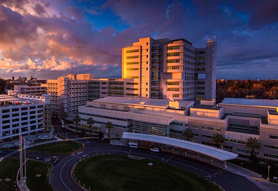 Overhead view of UC Davis Medical Center at sunset