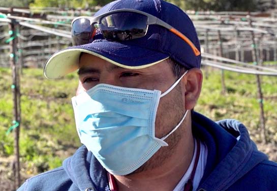 Worker in baseball cap Antonio González, 37, gets his COVID-19 booster shot in the office of Pamukey Yolo Vineyard near Esparto