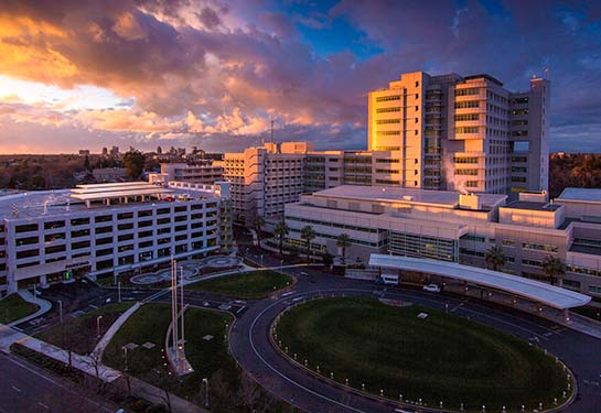 UC Davis Medical Center exterior at sunrise