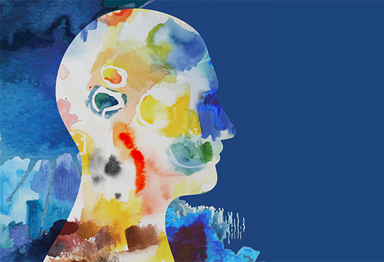A watercolor showing two abstract human heads facing each other.