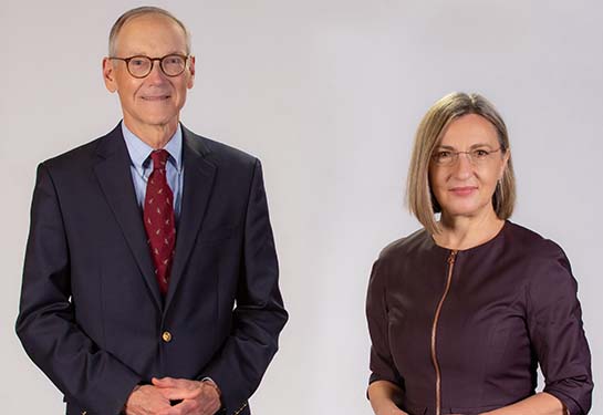 Founding Director of the NIH-funded National Center for Interventional Biophotonic Technologies Laura Marcu (right) and Deputy Director Griff Harsh.