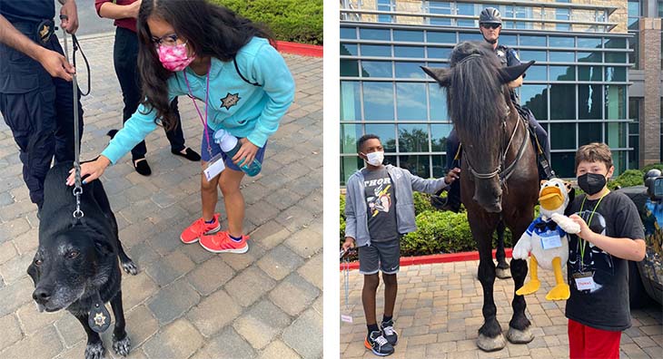 On the left is a girl petting a dog and on the right are children petting a horse with the rider looking on.