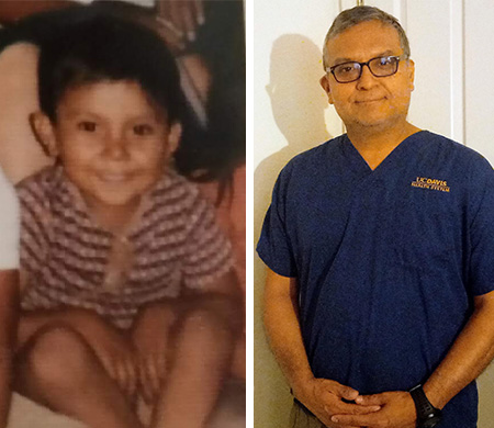 Young Art Hernandez wearing a striped shirt on left-hand side of photo and today wearing scrubs on right-hand shirt