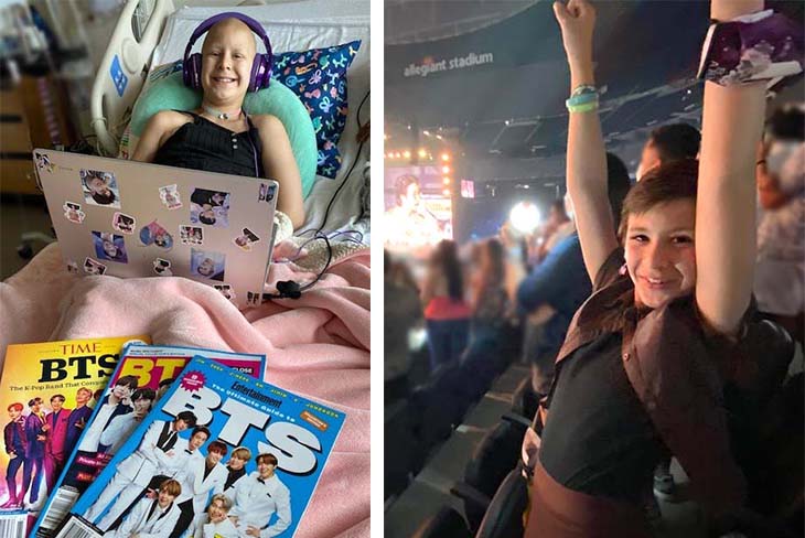 Lydia in hospital bed with BTS on magazine covers. On the right Lydia enjoying a BTS concert