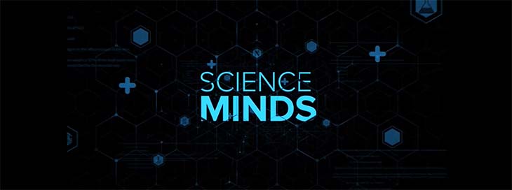 Dark blue rectangle with the words Science Minds centered
