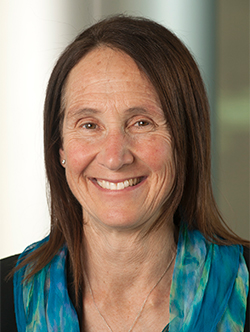 Headshot of a smiling woman with brown hair wearing a colorful blue-green scarf. 