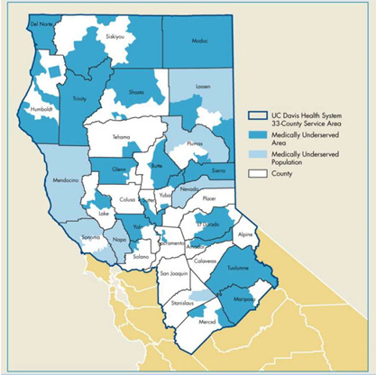 Map of Central and Northern California with 33 designated counties 