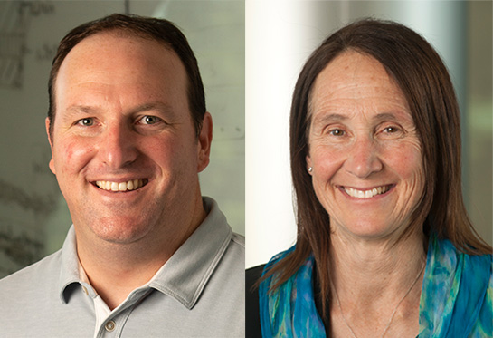 Two headshots show a smiling man with receding brown hair wearing a grey polo shirt, and a smiling woman with brown hair wearing a scarf