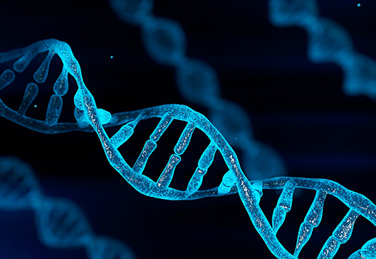Blue chromosome DNA with glowing light on dark blue background