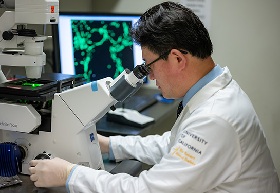 Individual looking into a microscope with image on a computer screen