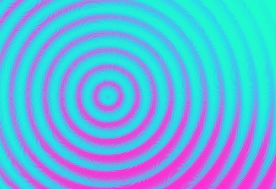 An abstract image in blues, greens and pinks and purples of circular ripples. 