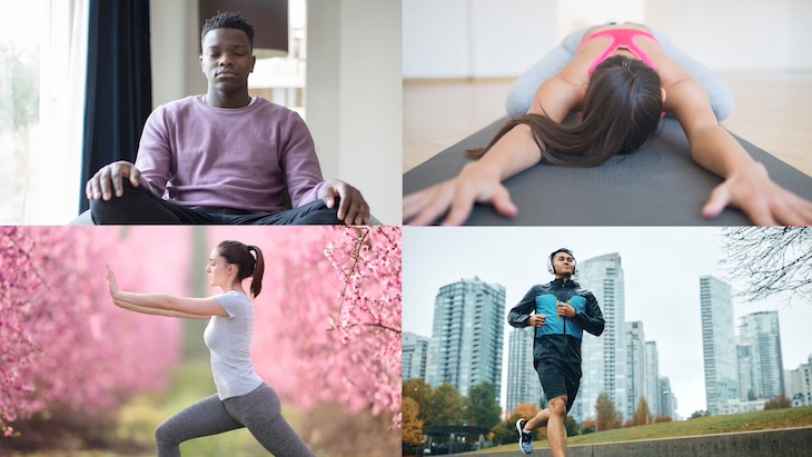 Four photos show people meditating, doing yoga and Tai Chi and running. 