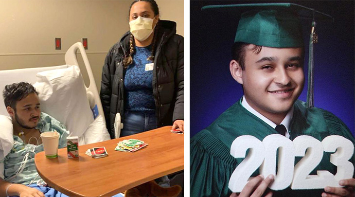 (l)Young man sits up in hospital bed with his mother standing at his bedside, (r) Young man in green cap and gown holding white sign that says “2023”