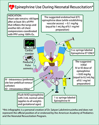 Illustration showing epinephrine use for neonatal resuscitation